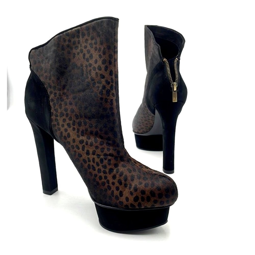 PELLE MODA Raw Umber Print Calf Hair/Kid Suede Platform Heel Bootie Boots NWT